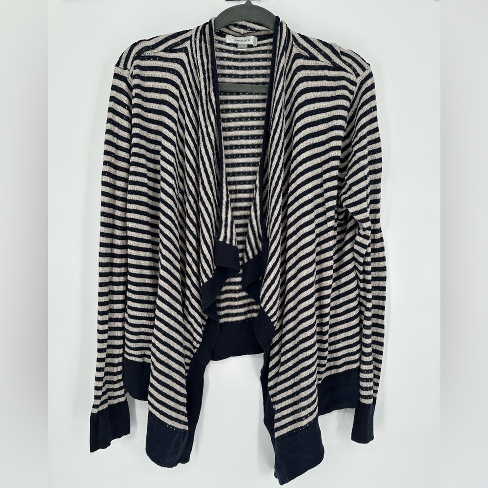 Dressbarn Striped Open Front Cardigan Size L Navy & Cream Cotton Blend